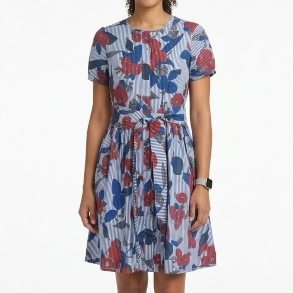 Brooks Brothers Floral Stripe Cotton Shirtdress Belted Preppy Fit Flare Size 10